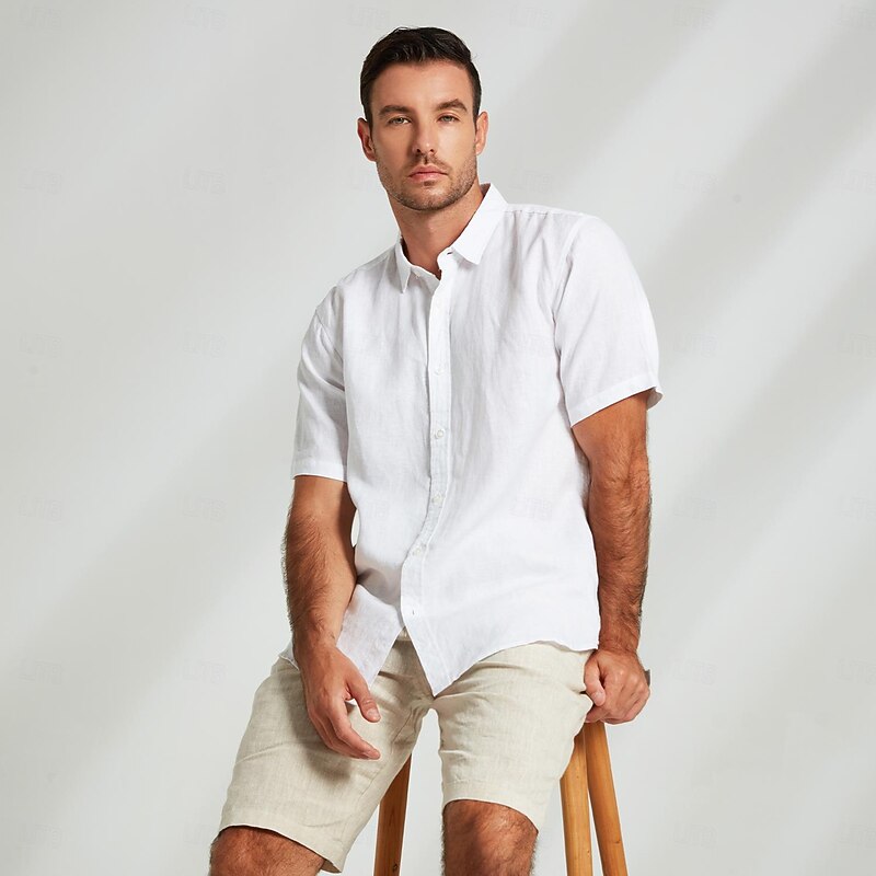 Men's 100% Linen Shirt Casual Shirt Button Down Shirt White Short Sleeve Solid Color Turndown Outdoor Button Clothing Apparel Vacation Daily3