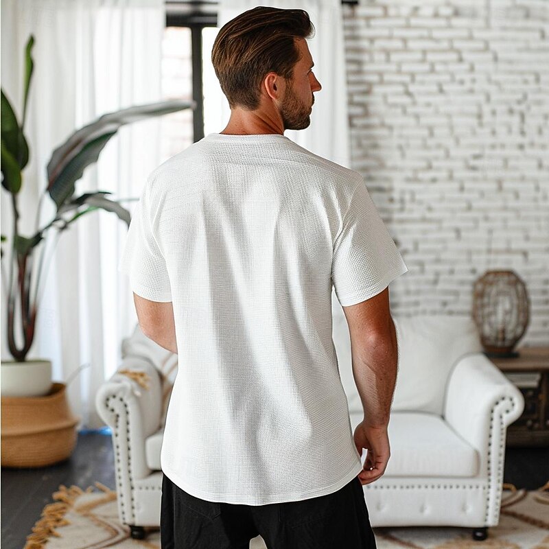 Men's Waffle Henley Shirt Tee Top Short Sleeve V Neck Summer Solid Color Fashion Designer Comfortable Buttons Outdoor Casual Daily White khaki Top Tee for Men2