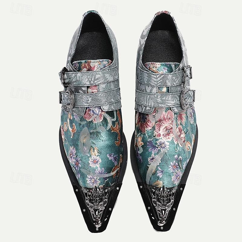 Men's Floral Embroidered Buckle Monk Strap Dress Shoes with Metal Toe Cap - Premium Cowhide Leather, Ideal for Formal Events2