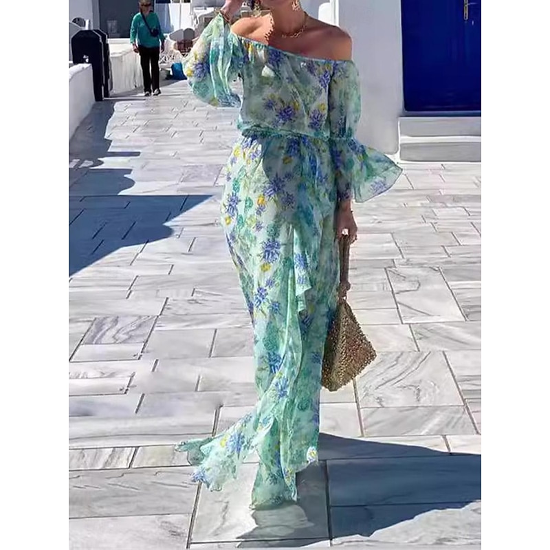 Women's Casual Dress Swing Dress Floral Ruffle Backless Off Shoulder Long Dress Maxi Dress Stylish Casual Daily Date Long Sleeve Summer3