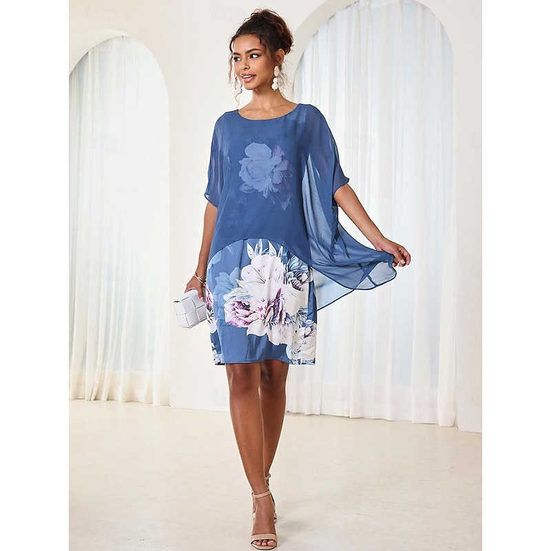 Women's Wedding Guest Cocktail Dress Chiffon Cover Up Floral Print Tank Dress Set Elegant Formal Summer Midi Dress Crew Neck Sleeveless