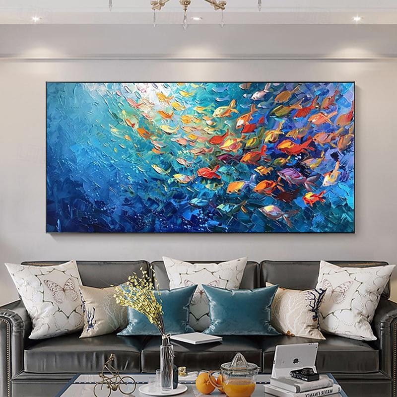 Handmade Original Swimming Fishes Blue Ocean Oil Painting On Canvas Extra Large Wall Art Abstract Fish Art Custom Painting Minimalist Living Room Decor Gift No Frame