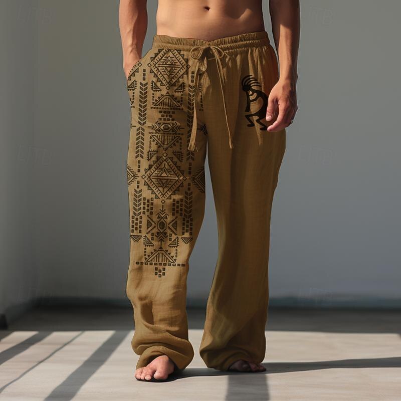 Men's Animal Grid / Plaid Geometric Pattern Linen Pants Baggy Pants Mid Waist Vintage Ethnic Style Casual Outdoor Streetwear Elastic Waist Spring &  Fall Fall & Winter Blue Green Khaki