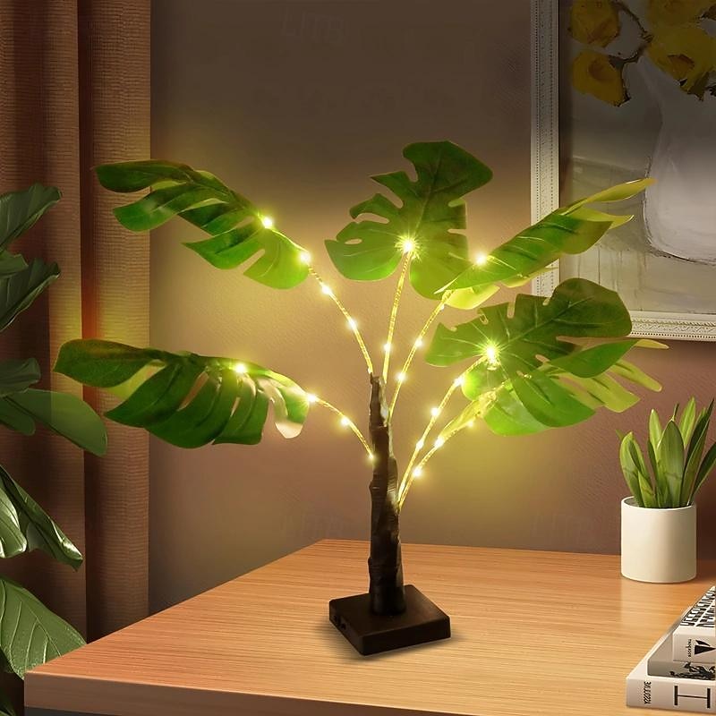 Tropical Palm Leaf Desk Lamp, USB & Battery Powered for Bedroom & Outdoor, Push Button Control, Hawaiian Party Decoration - Batteries Not Included2