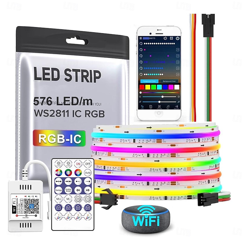 Waterproof RGB COB Strip Light 16ft 5M Smart IC Flexible DC24V LED Tape Light WS2811 Addressable RGB with RF Controller or WIFI Controller Suitable Party Home Office DIY Lighting Projects3