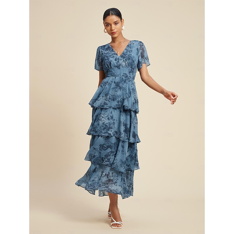 Women's Wedding Guest Party Navy Floral Chiffon Maxi Dress V Neck Vintage Elegant A Line Tiered Ruffle Cake Skirt Elastic Waist and Back Dress2