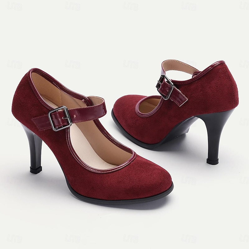 Women's Red Mary Jane Heels - Classic Suede High Heel Shoes for Parties and Formal Events2