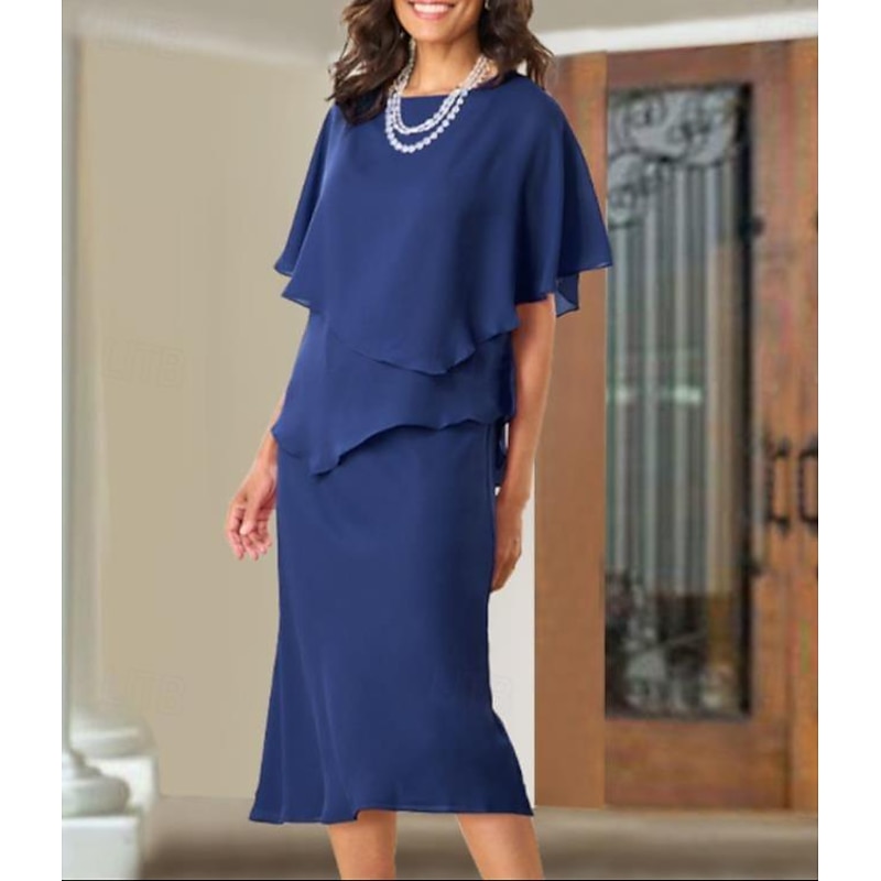 A-Line Mother of the Bride Dress Wedding Guest Elegant Plus Size Jewel Neck Tea Length Chiffon Short Sleeve with Ruffles free custom size