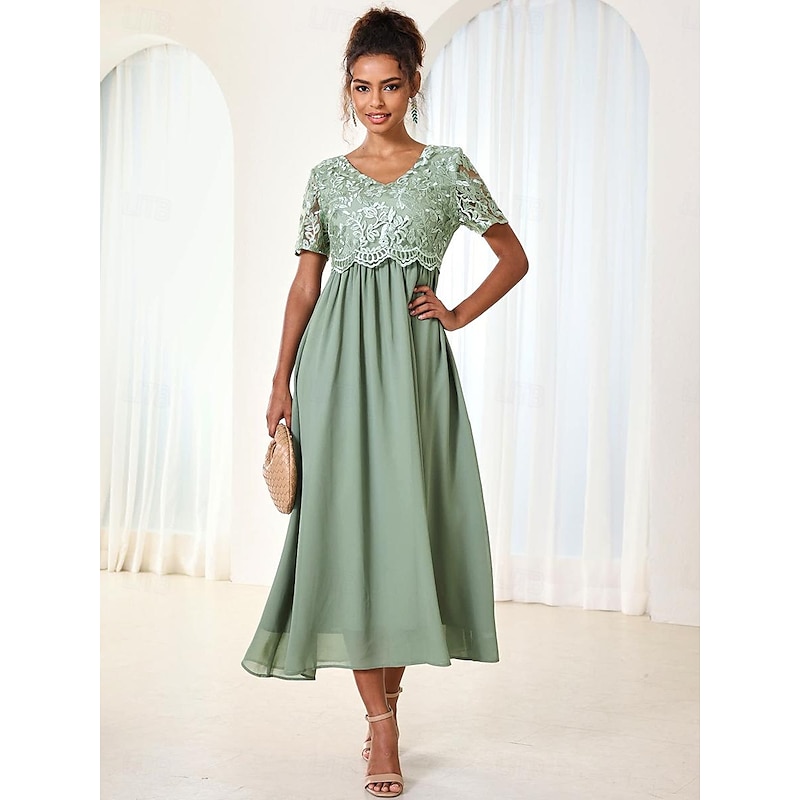 Women's Wedding Guest Cocktail Dress Maxi Dress Contrast Lace Party Elegant Formal V Neck Short Sleeve Pink Green Gray Color 5