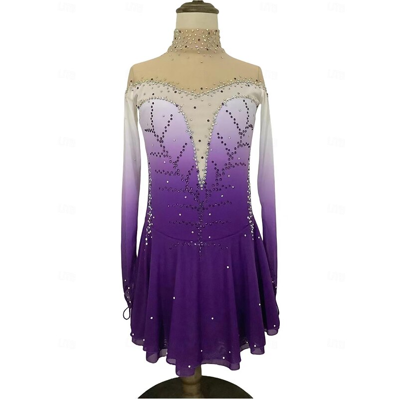 Figure Skating Dress Women's Girls' Ice Skating Dress Purple Fuchsia Dark Blue Patchwork Thumbhole Mesh Spandex Stretchy Training Practice Professional Skating Wear Thermal Warm Classic Crystal