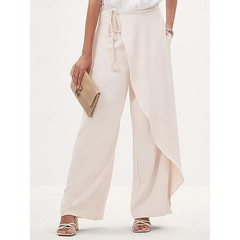 Women's Culottes Wide Leg Asymmetric Belted Full Length Beige Summer