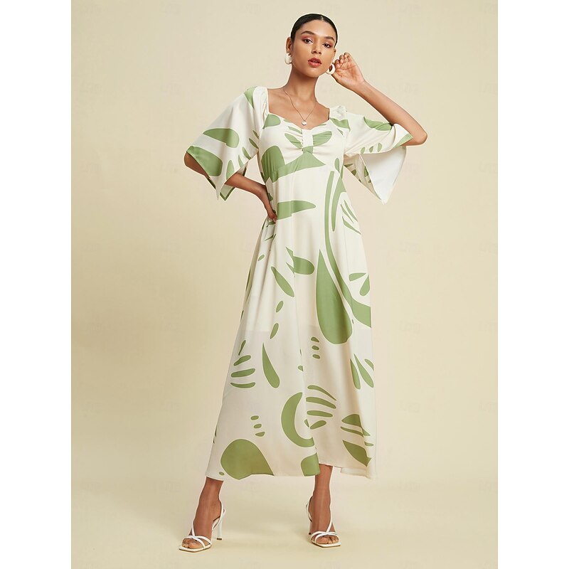 Satin Geometric Square Neck Maxi Dress