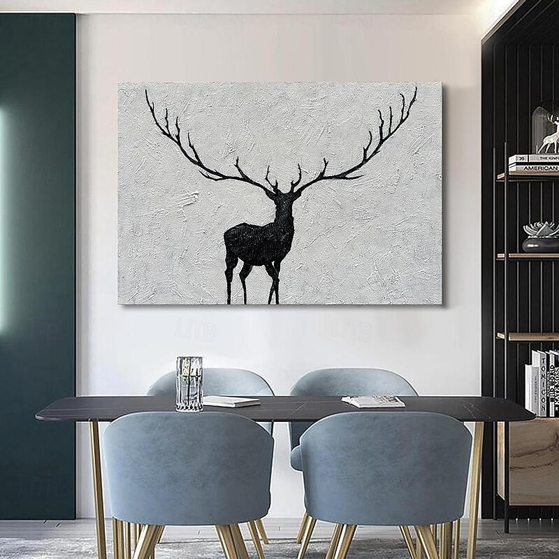 Handmade Oil Painting Canvas Wall Art Decoration Black and White Simple Abstract Texture Animal Sika Deer for Home Decor Rolled Frameless Unstretched Painting