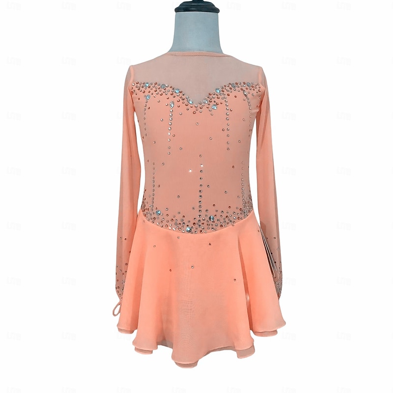 Figure Skating Dress Women's Girls' Ice Skating Dress Black Pink Orange Thumbhole Mesh Spandex Stretchy Training Practice Professional Skating Wear Thermal Warm Classic Crystal / Rhinestone Long4
