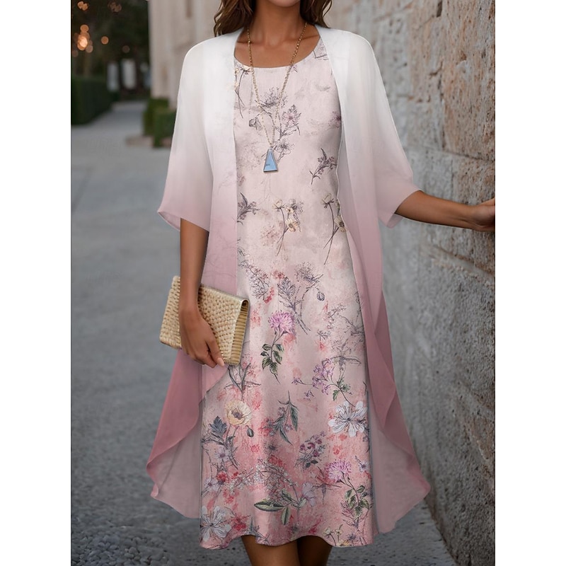 Women's Graduation Dress Midi Dress Wedding Guest Cocktail Dress Chiffon Holiday Fashion Modern Print Casual Elegant Two Piece Dress Set Crew Neck Half Sleeve Floral Loose Fit Pink Spring