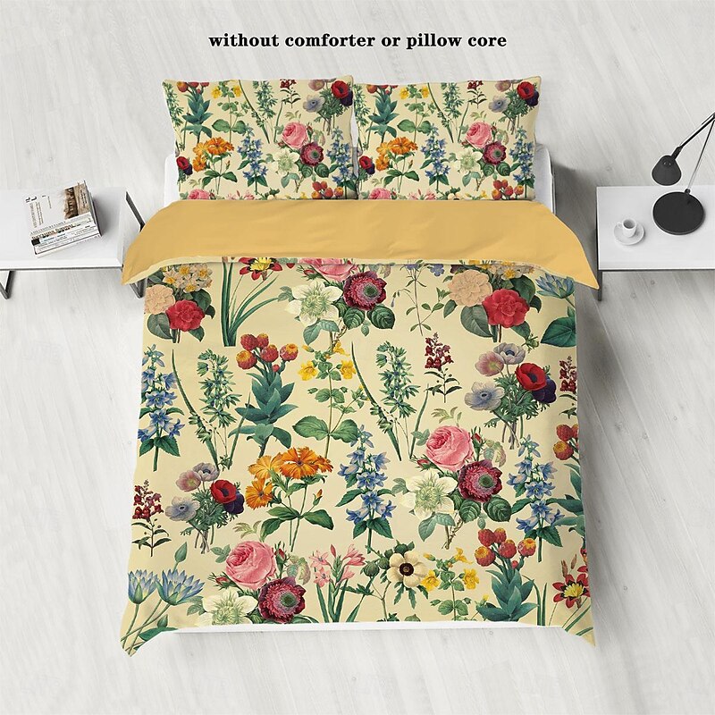Retro Painted Floral Print 3-Piece Duvet Cover Set for Summer Soft Skin Friendly Long Lasting for Hotel Bedroom Guest Room Bedding Comfy Set3