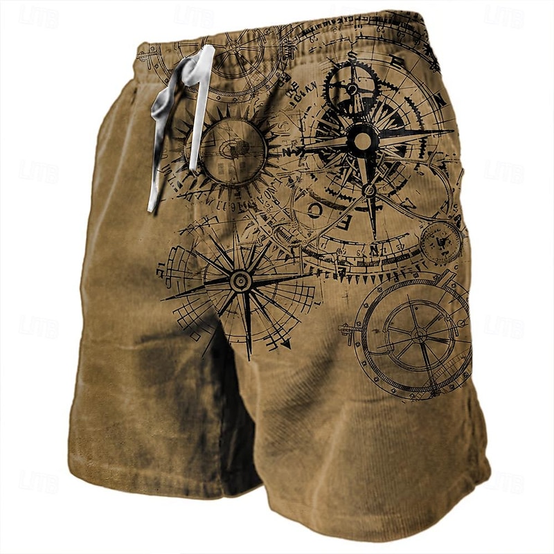 Men's Nautical Graphic Prints Compass Sweat Shorts Beach Shorts Terry Shorts Mid Waist Retro Vintage Casual Daily Holiday Streetwear Drawstring Elastic Waist 3D Print Designer Clothing Apparel