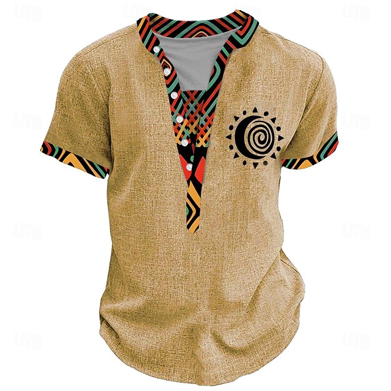 Men's Tribal Bandana Print T Shirt Henley Shirt Short Sleeve 3D Print Designer Ethnic Vacation Casual Daily Summer Spring Yellow Green Khaki Henley Henley T-Shirt
