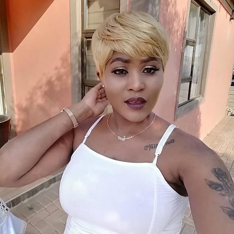 Short Pixie Cut Human Hair Wig with Bangs 150% Density Blonde Layered Wavy Wigs for Women 27#2