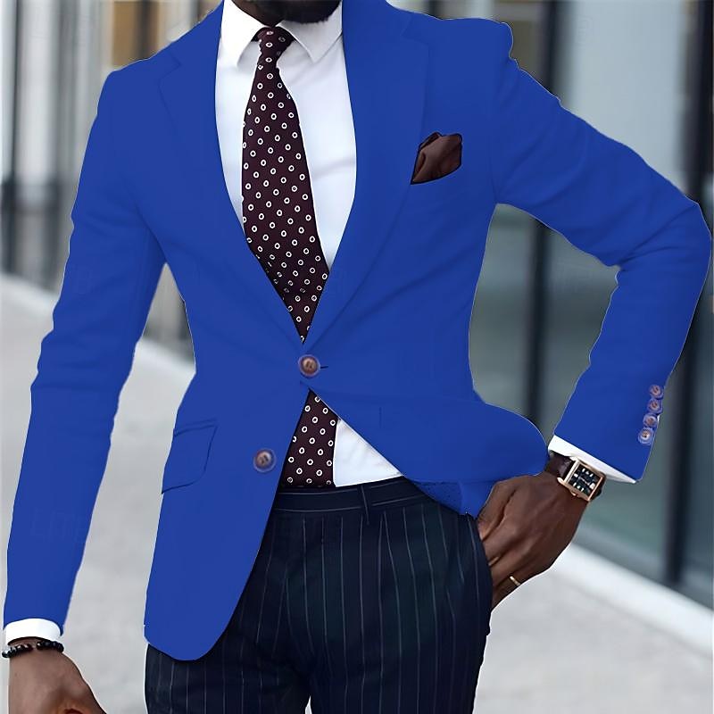 Men's Graduation Blazer Business Cocktail Party Wedding Party Fashion Casual Spring &  Fall Polyester TR Plain Pocket Buttons Comfortable Single Breasted Blazer Royal Blue Blue Light Orange2