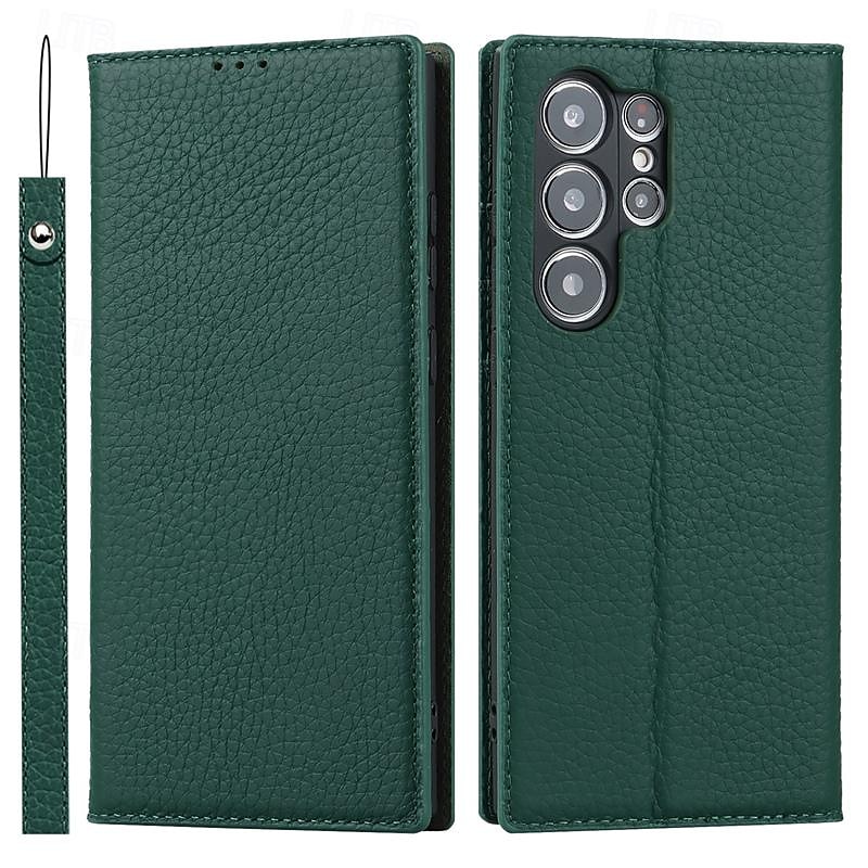 Phone Case For Samsung Galaxy S25 S24 S23 Ultra Plus S22 Plus  Ultra S20 S20 FE Wallet Case with Wrist Strap Kickstand Card Slot Retro Genuine Leather TPU