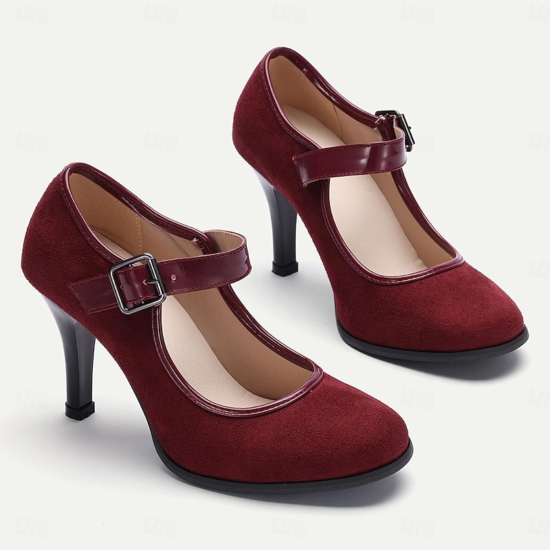 Women's Red Mary Jane Heels - Classic Suede High Heel Shoes for Parties and Formal Events3