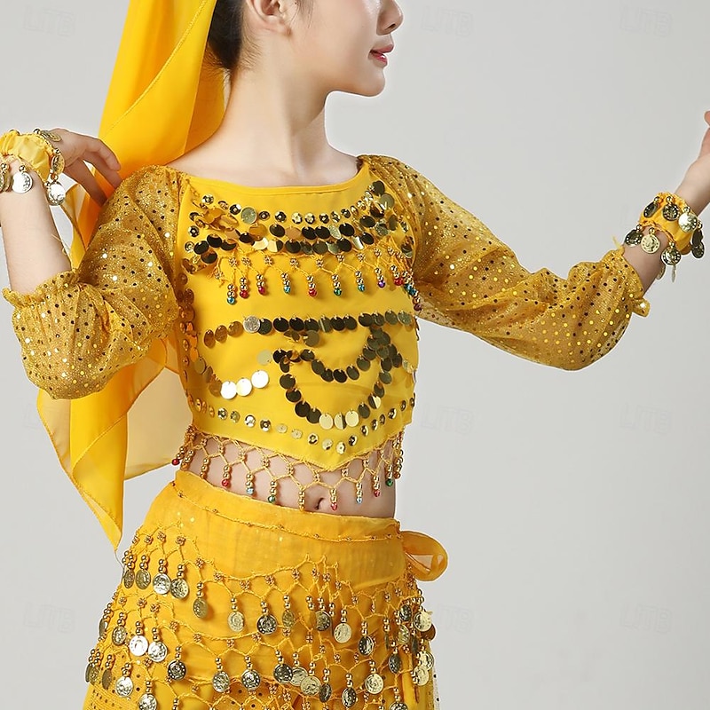 Belly Dance Kids' Dancewear Top Pure Color Splicing Tulle Girls' Performance Training 3/4 Length Sleeve High Polyester3