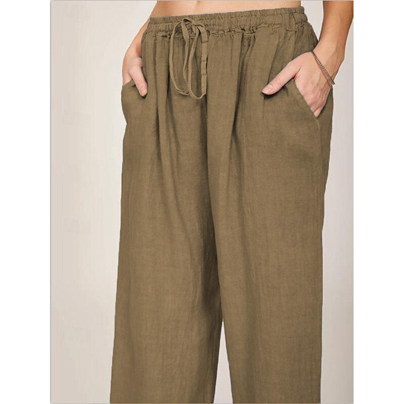Women's Cotton Linen Pants Pants Trousers Casual Daily Long Plain Drawstring Side Pockets Breathability Comfortable Inelastic Weekend White Navy Blue Khaki Gray Summer Regular Fit2