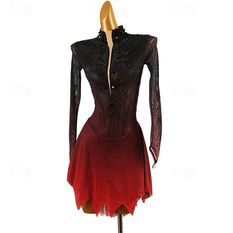 Figure Skating Dress Women's Girls' Ice Skating Dress Red Patchwork Halo Dyeing Mesh Spandex High Elasticity Training Practice Professional Skating Wear Classic Crystal / Rhinestone Long Sleeve Ice3