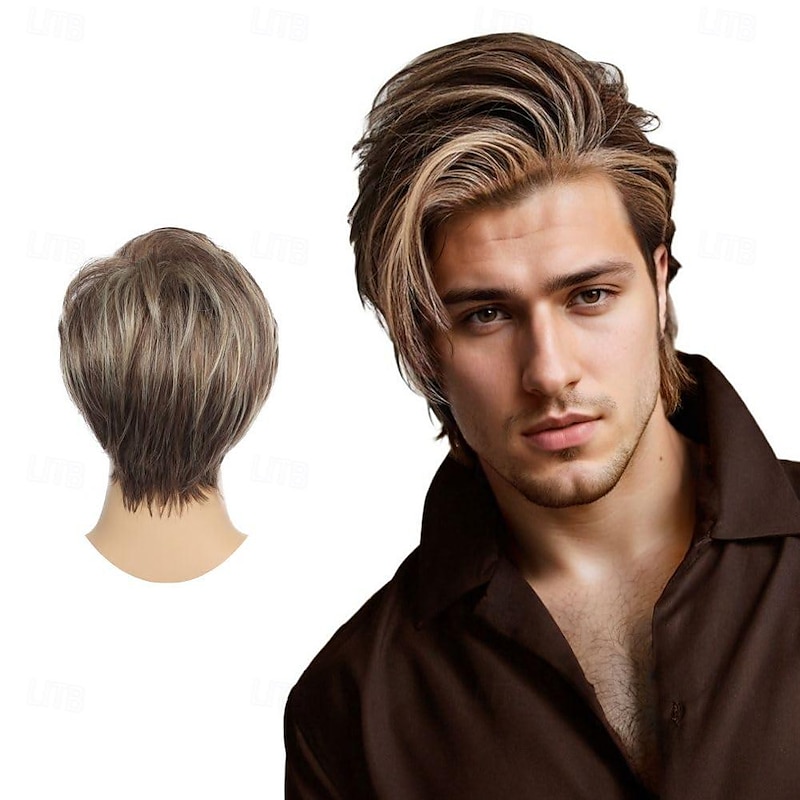 Men Wig Short Blonde Brown Layered Natural Synthetic Hair Full Wigs for Male Guy Daily Party Wear (Brown Blonde)