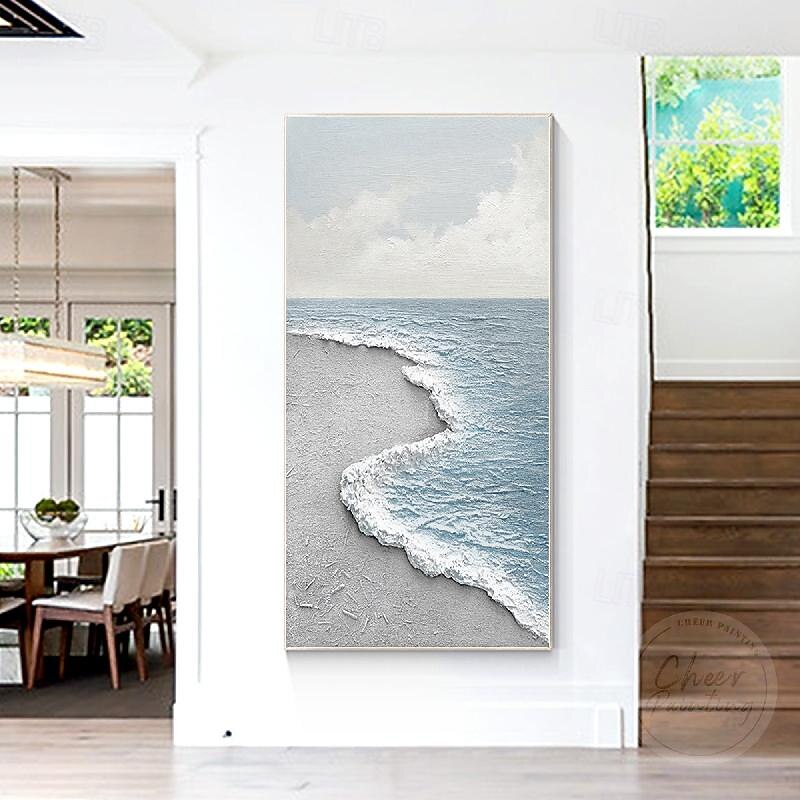 Light Blue Seascape Painting hand painted 3D Textured Art painting White Sea Wave Gray Beach Abstract Painting hand painted  Acrylic wave ocean Painting Large Framed Wall Art paintings2