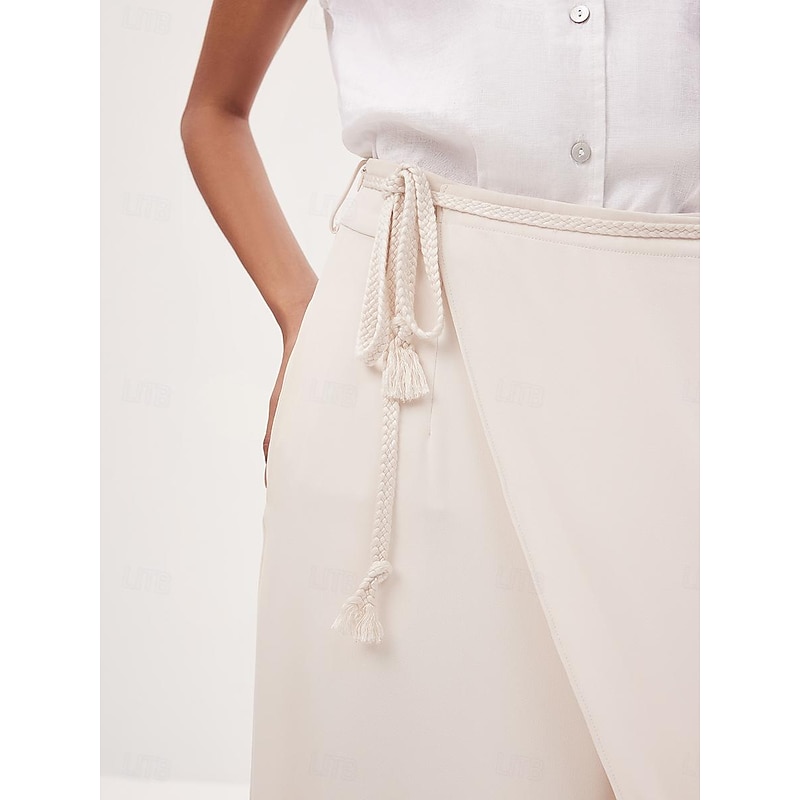 Women's Culottes Wide Leg Asymmetric Belted Full Length Beige Summer4