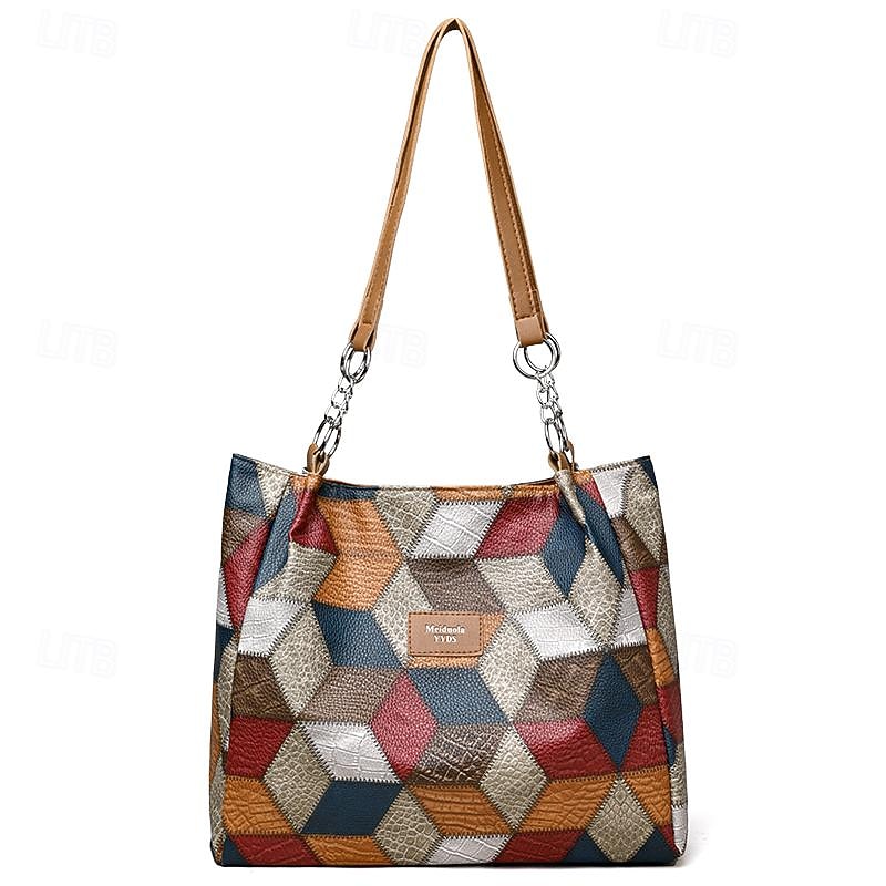 Women's Shoulder Bag PU Leather Shopping Holiday Zipper Large Capacity Geometric Black