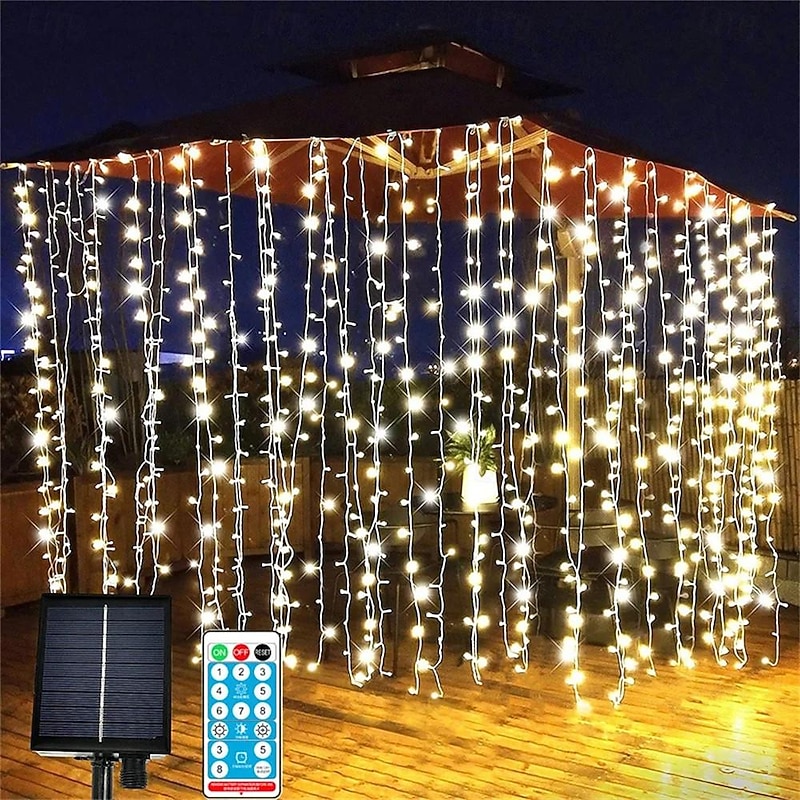 Elegant Wedding Reception Party Outdoor Solar LED String Lights, USB Charging Curtain Fairy Lights 3*3m, Christmas Icicle String Lights Waterfall Lamp Wedding Room Garland Garden Outdoor Decor