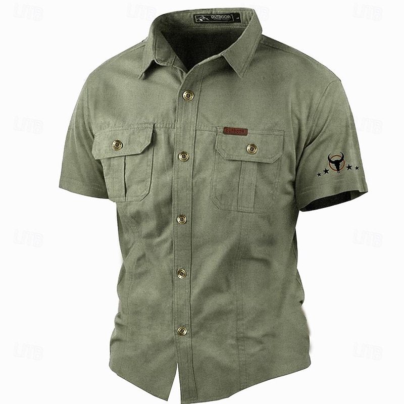 Men's Cow Print Work Shirt Western Shirt Cargo Shirt Short Sleeve Casual Tactical Sports & Outdoor Going out Summer Spring Turndown Print Army Green Khaki4