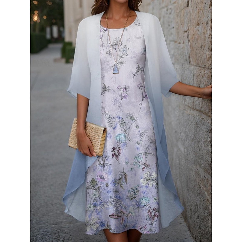 Women's Graduation Dress Midi Dress Wedding Guest Cocktail Dress Chiffon Holiday Fashion Modern Print Casual Elegant Two Piece Dress Set Crew Neck Half Sleeve Floral Loose Fit Pink Spring2