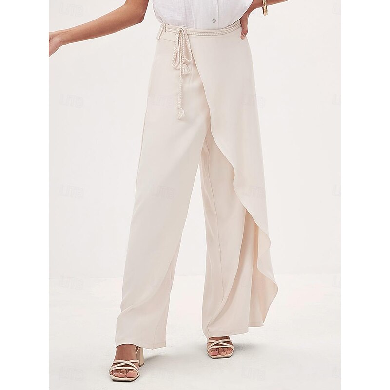 Women's Culottes Wide Leg Asymmetric Belted Full Length Beige Summer2