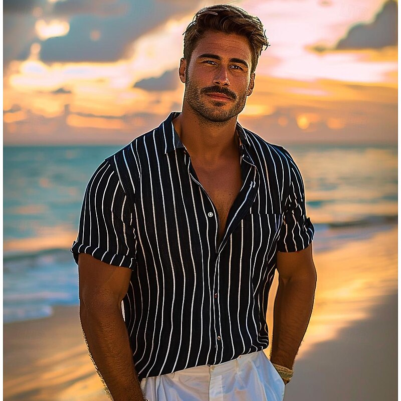 Men's 100% Cotton Shirt Black Blue Short Sleeve Striped Vertical Stripes Turndown Outdoor Causal Button Clothing Apparel Vacation Daily2