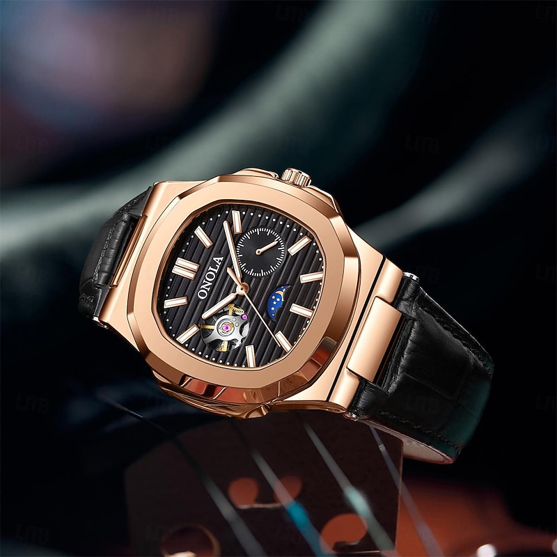 ONOLA Men Mechanical Watch Fashion Business Wristwatch Automatic Self-winding Moon phase Luminous Waterproof Leather Watch4