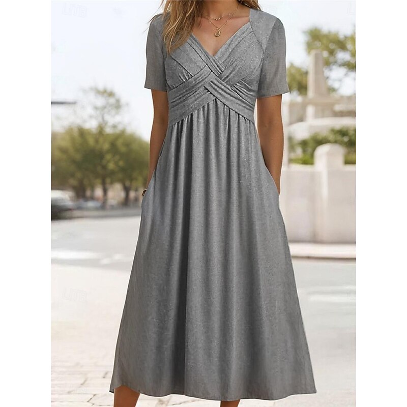 Women's Casual Dress Midi Dress Pocket Vacation Streetwear Basic V Neck Short Sleeve Black Gray Color2