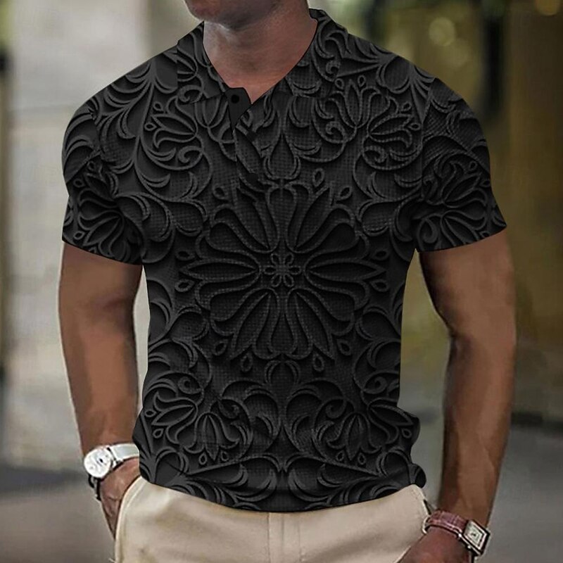 Men's Graphic Golf Shirt Short Sleeve Polo Shirts Collared Shirts Casual Vacation Wear Rave Wear Party Outfits Buttons 3D Print Summer Spring Black