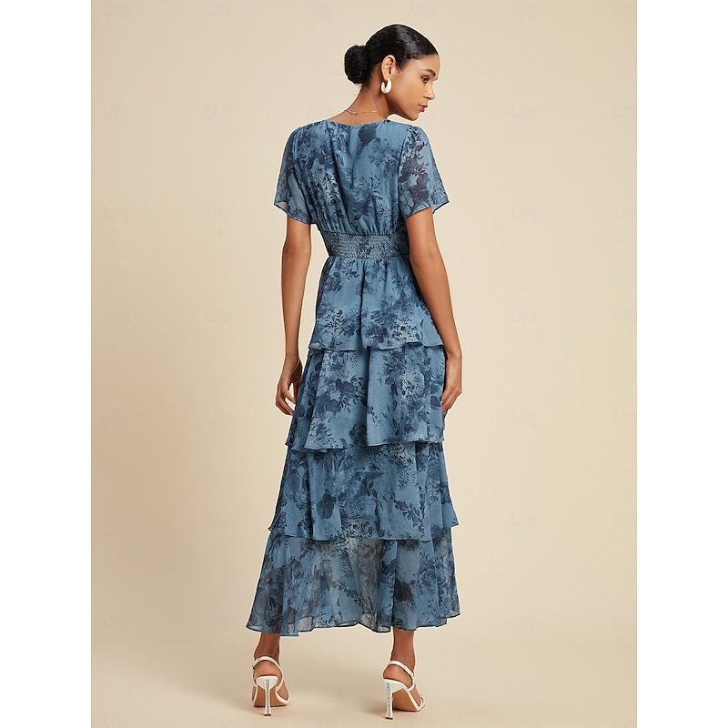 Women's Wedding Guest Party Navy Floral Chiffon Maxi Dress V Neck Vintage Elegant A Line Tiered Ruffle Cake Skirt Elastic Waist and Back Dress4