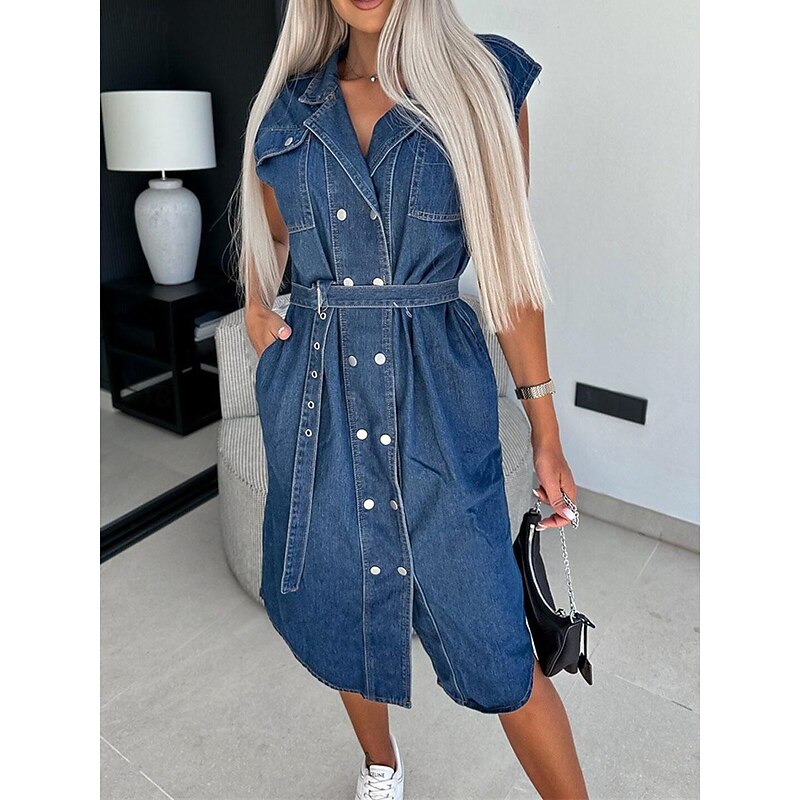 Women's Denim Dress Shirt Dress Midi Dress Date Vacation Denim Basic Modern Shirt Collar Pocket Belted Short Sleeve Summer Spring Regular Fit Plain2