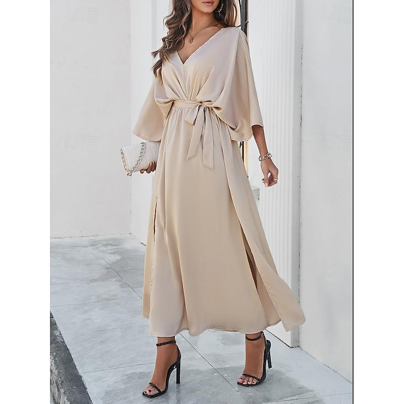 Women's Tiered Dress Maxi Dress Split Thigh Party Formal V Neck 3/4 Length Sleeve Batwing Sleeve Black Wine Green Color3