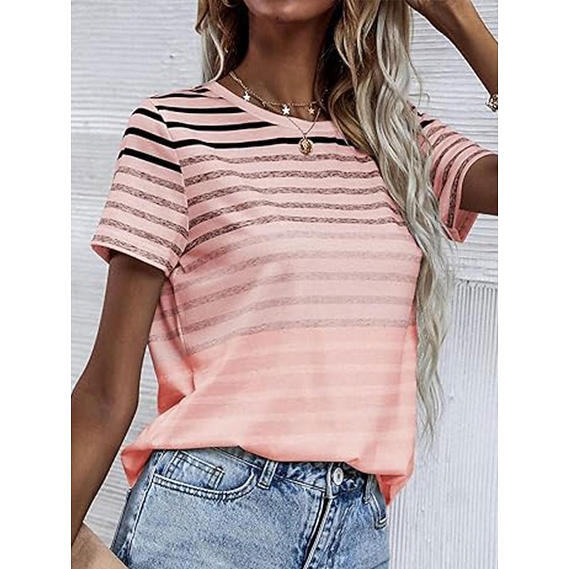 Women's T Shirt Casual Striped Print Short Sleeve Regular Tops Crew Neck Daily Pink Blue Purple Summer3