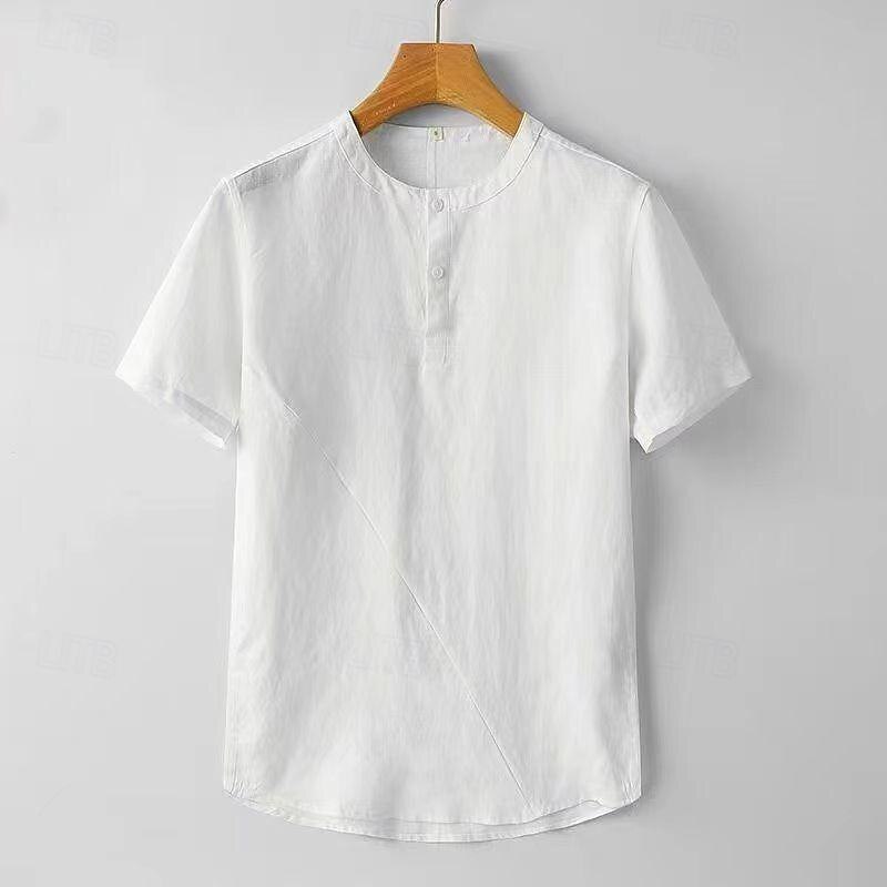 Men's Shirt Linen Shirt Popover Shirt Casual Shirt Cotton Shirt Plain Vacation Street Black White Navy Blue Sky Blue Short Sleeve Band Collar Summer Clothing Apparel - Main Image