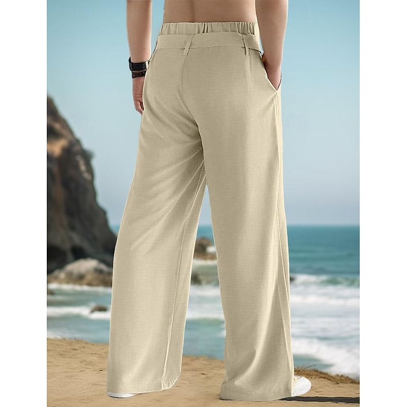 Men's Linen Pants Trousers Summer Pants Drawstring Elastic Waist Straight Leg Plain Comfort Breathable Full Length Outdoor Daily Beach Fashion Streetwear Black White3