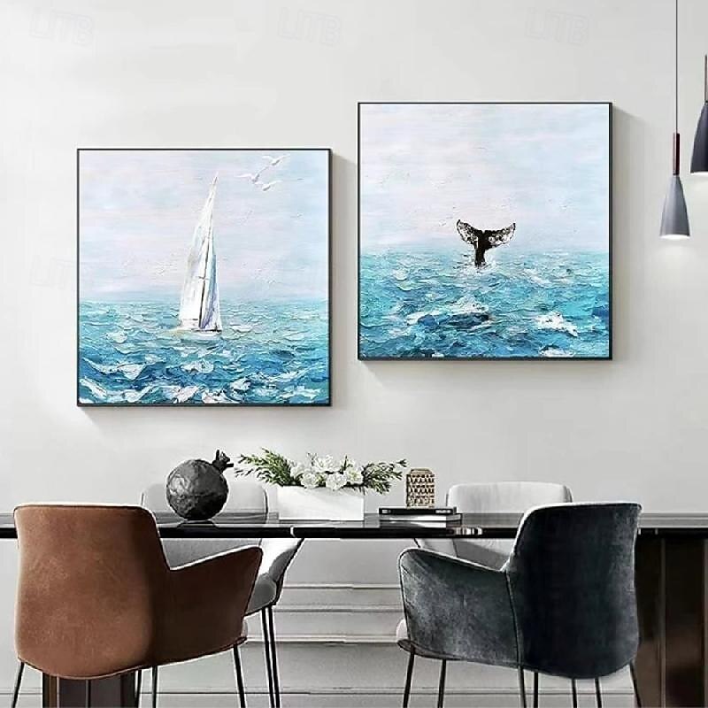 Sea Landscape White Boat Painting hand painted Navy Blue Orange Textured Landscape Painting On Canvas for  Living room Modern Wall Art Sky Painting for living room artwork painting3