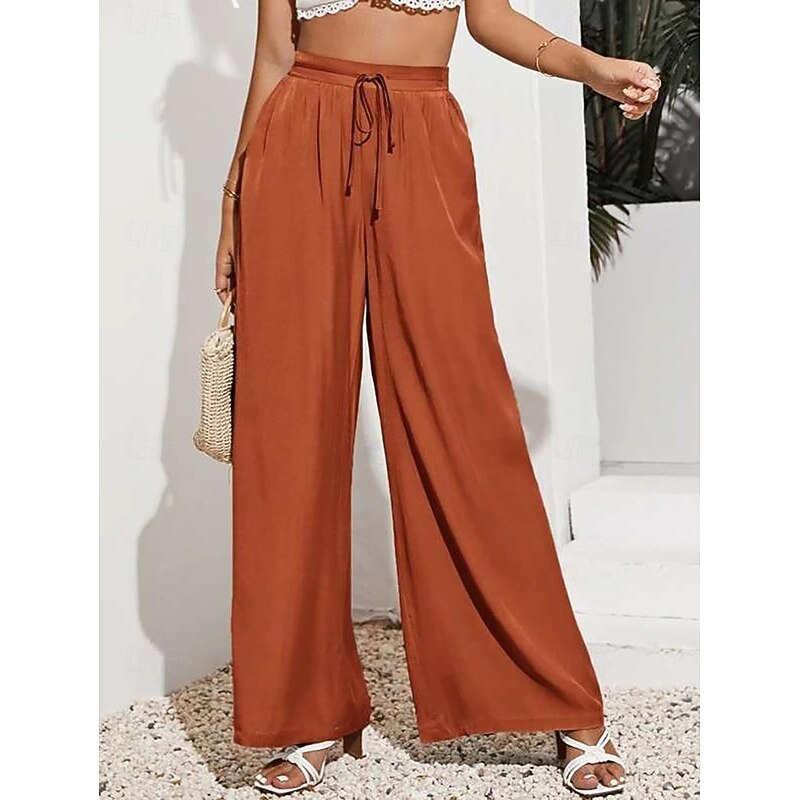 Women's Wide Leg Pants Trousers Casual Daily Long Plain Drawstring Side Pockets Breathability Comfortable Micro-elastic Weekend Black Red Beige Gray Spring & Summer Regular Fit