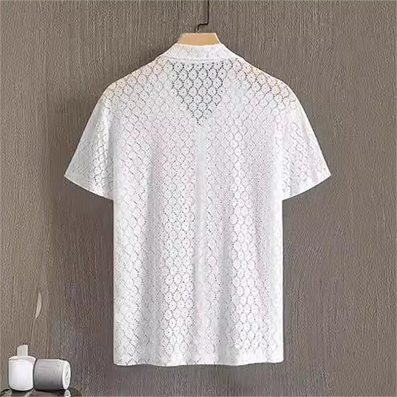 Men's Shirt Summer Shirt Mesh Shirt Sheer Shirt Sheer Blouse White Short Sleeve Plain Camp Collar Vacation Hawaiian Mesh Clothing Apparel Polyester Fashion Casual Comfortable3